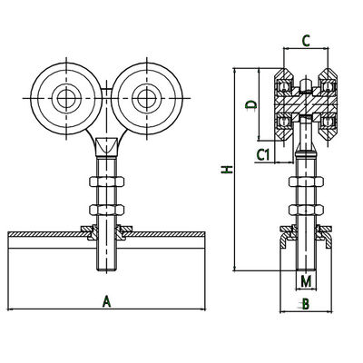 Bốn con lăn bạc Trượt Con lăn treo cửa 44mm với tấm trung tâm rèn